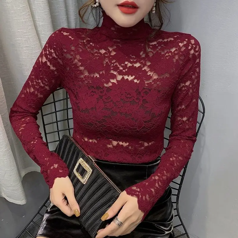 New Fashion Long Sleeve Lace Shirt with Half Turtleneck & Royal Color - Image 6