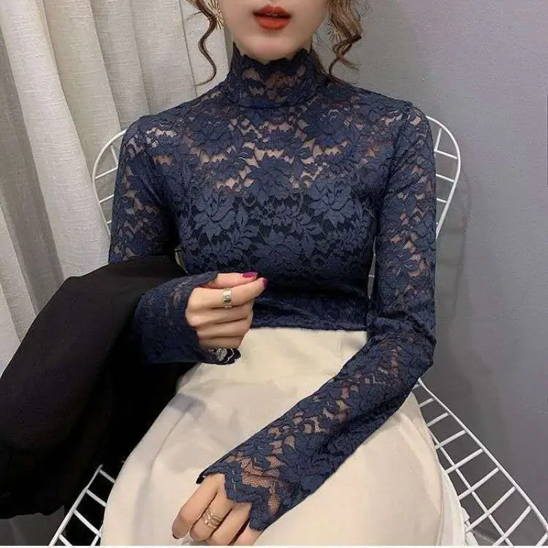 New Fashion Long Sleeve Lace Shirt with Half Turtleneck & Royal Color - Image 4