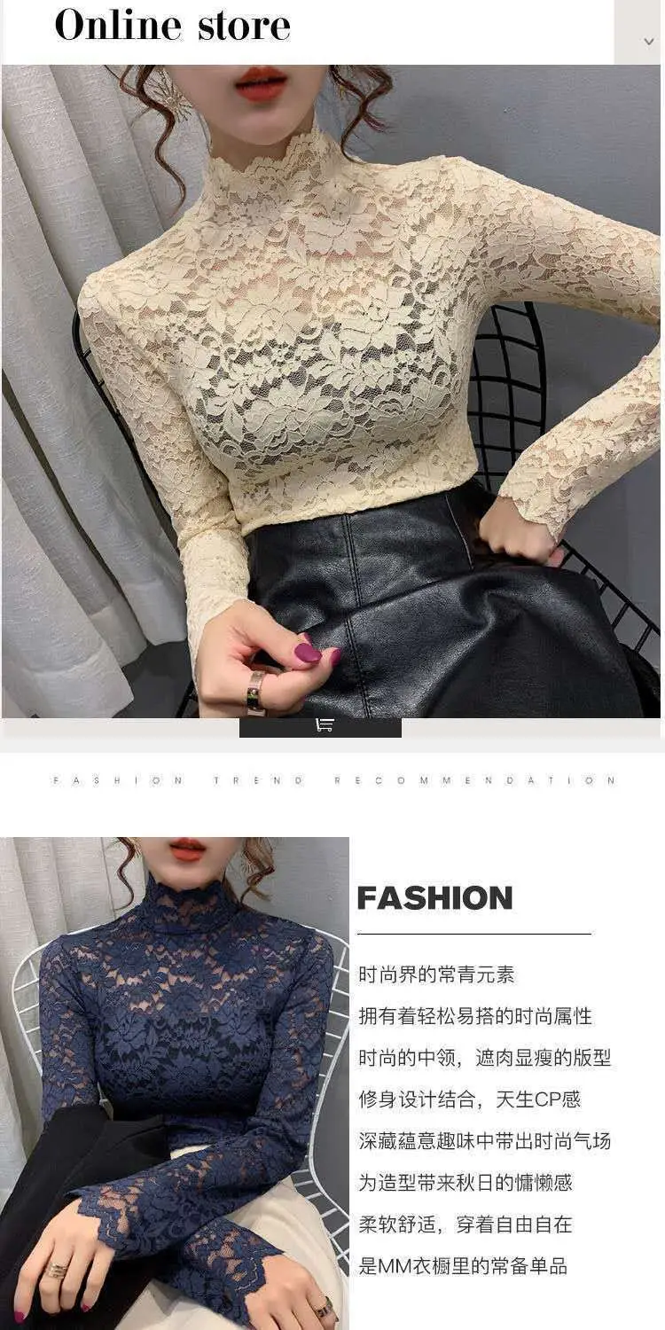 New Fashion Long Sleeve Lace Shirt with Half Turtleneck & Royal Color — feature 10