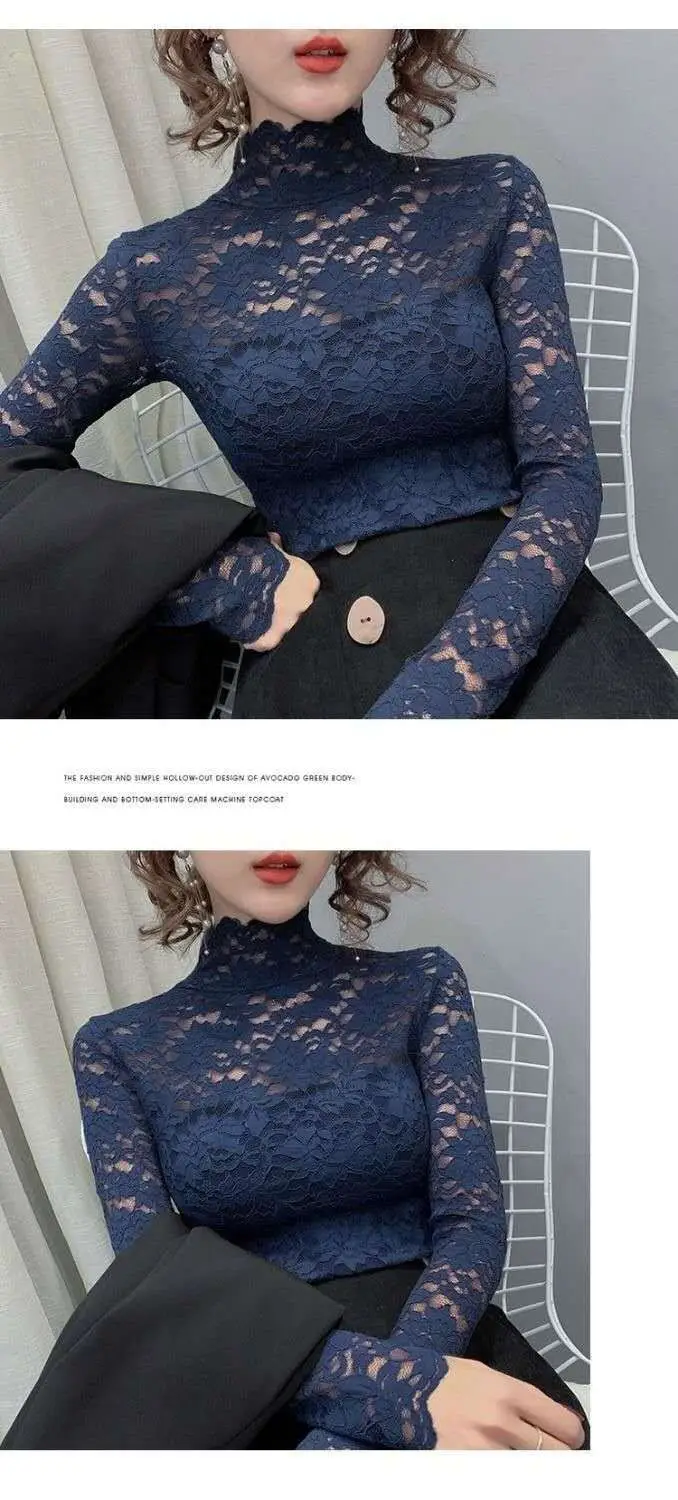 New Fashion Long Sleeve Lace Shirt with Half Turtleneck & Royal Color — feature 11
