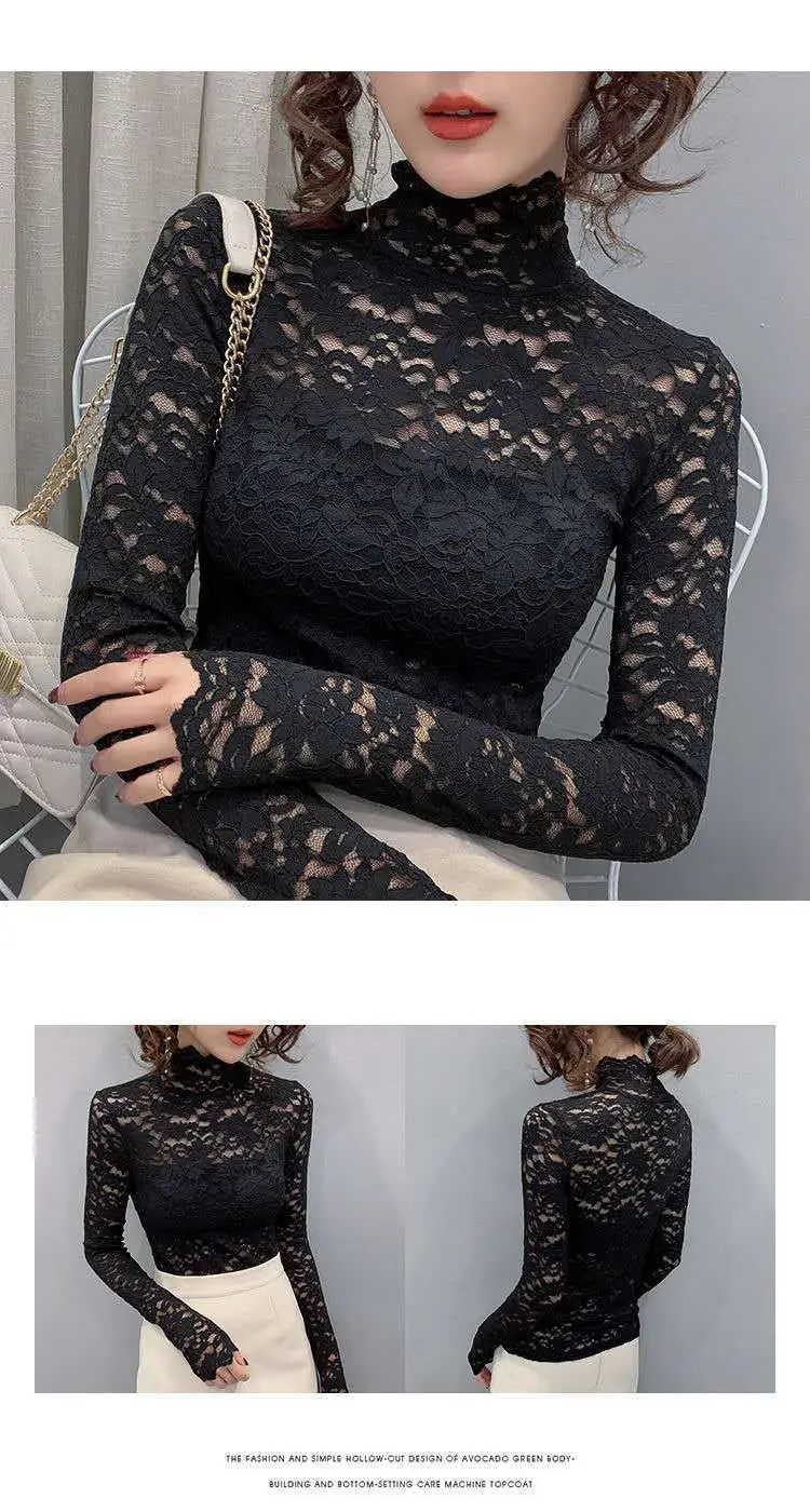 New Fashion Long Sleeve Lace Shirt with Half Turtleneck & Royal Color — feature 12