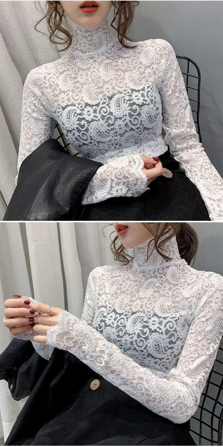 New Fashion Long Sleeve Lace Shirt with Half Turtleneck & Royal Color — feature 13