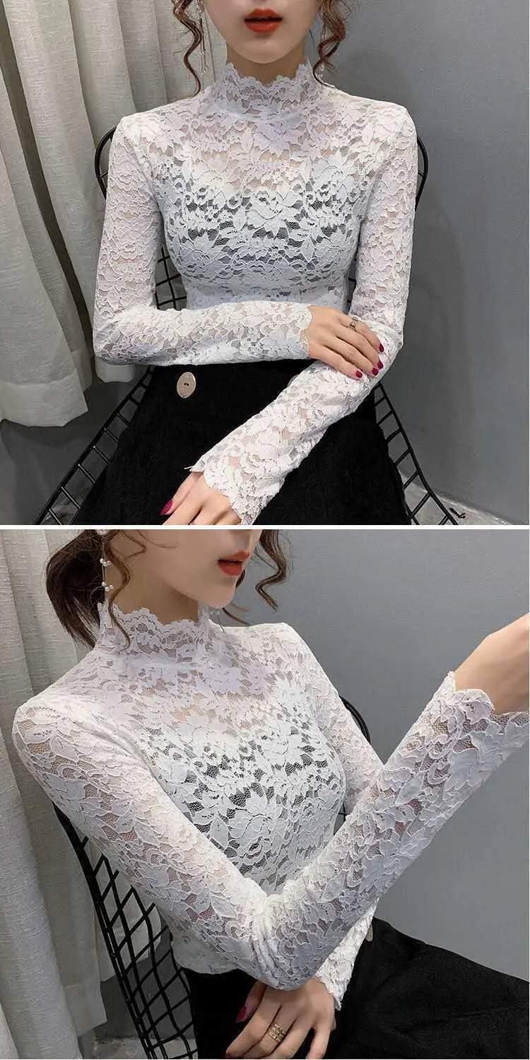 New Fashion Long Sleeve Lace Shirt with Half Turtleneck & Royal Color — feature 14