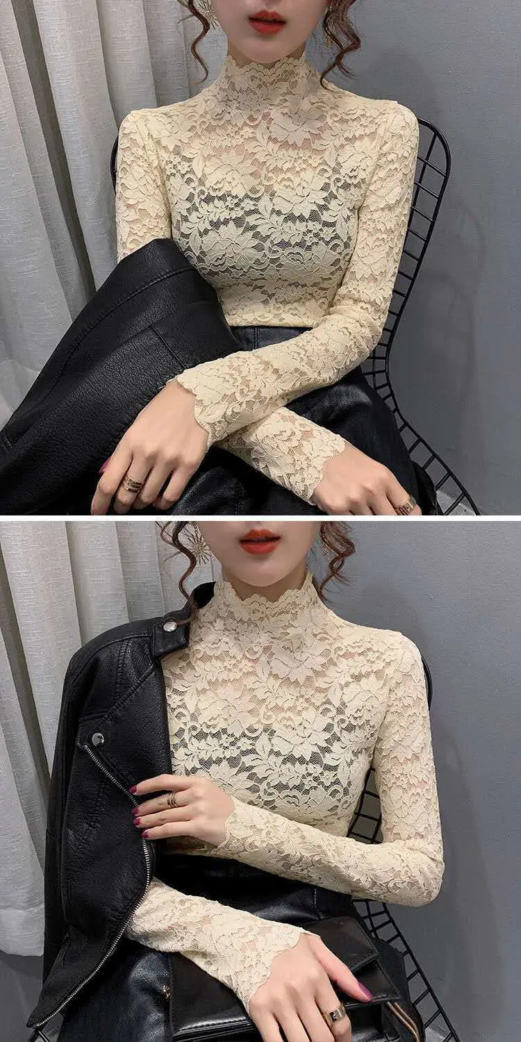 New Fashion Long Sleeve Lace Shirt with Half Turtleneck & Royal Color — feature 15
