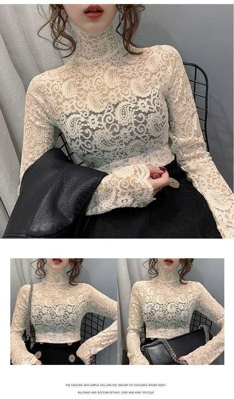 New Fashion Long Sleeve Lace Shirt with Half Turtleneck & Royal Color — feature 16