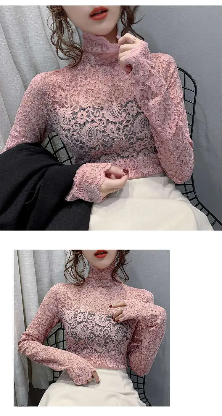 New Fashion Long Sleeve Lace Shirt with Half Turtleneck & Royal Color — feature 17