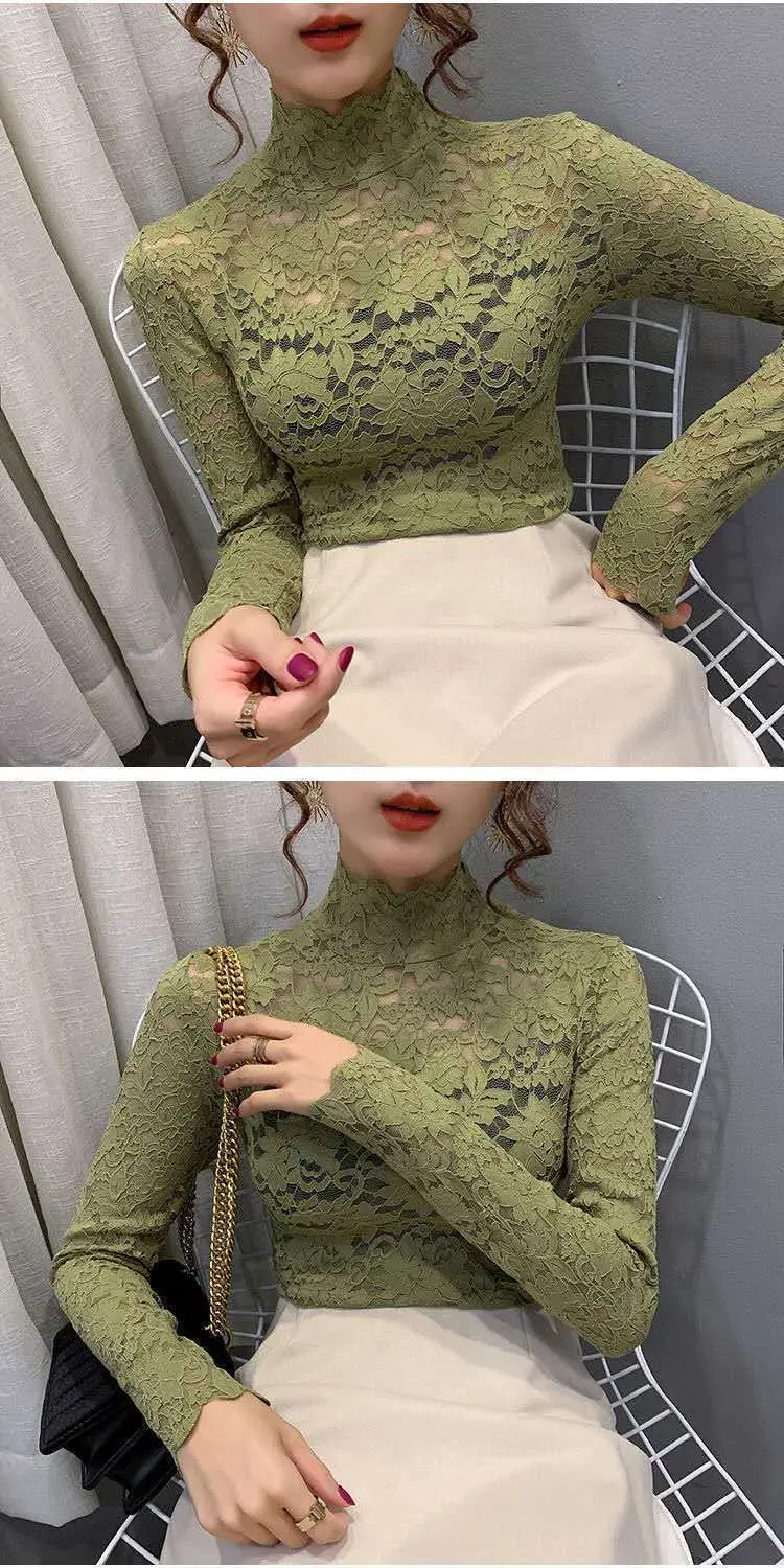 New Fashion Long Sleeve Lace Shirt with Half Turtleneck & Royal Color — feature 18