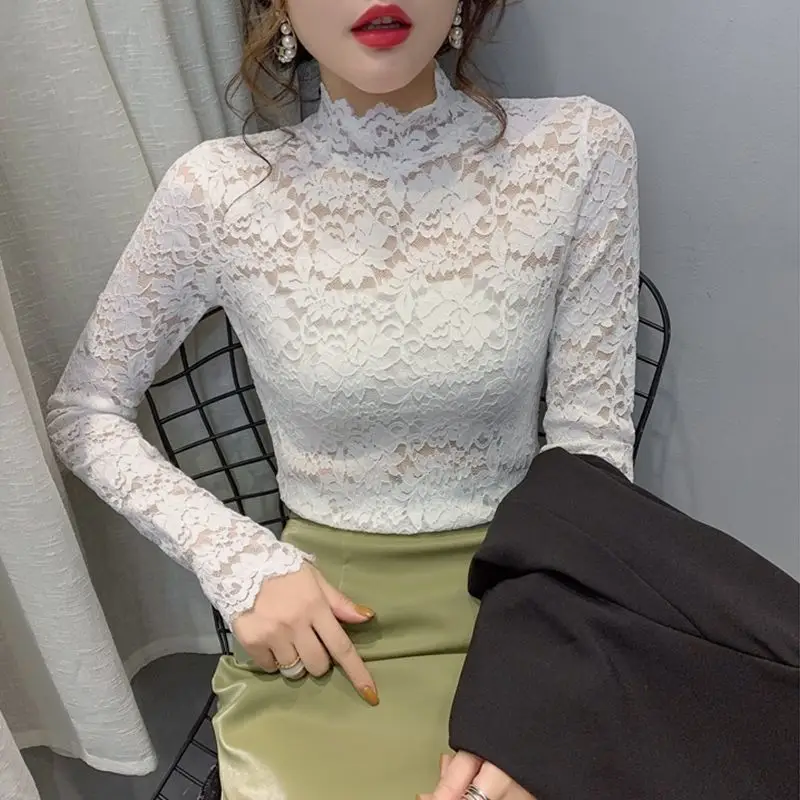 New Fashion Long Sleeve Lace Shirt with Half Turtleneck & Royal Color — feature 21