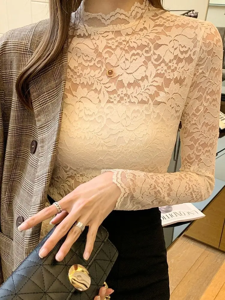 New Fashion Long Sleeve Lace Shirt with Half Turtleneck & Royal Color — feature 23
