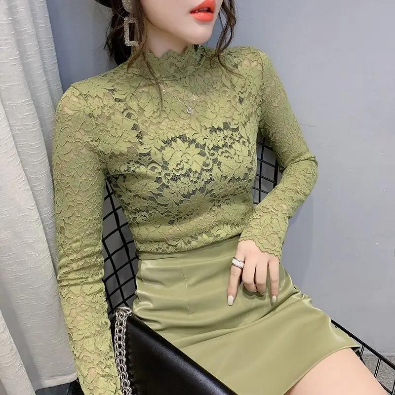 New Fashion Long Sleeve Lace Shirt with Half Turtleneck & Royal Color — feature 3