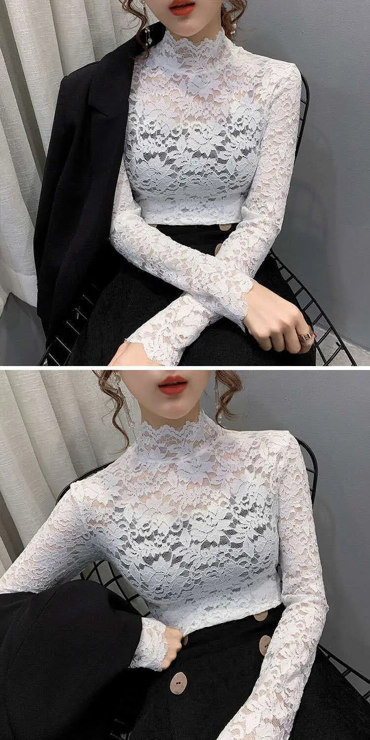 New Fashion Long Sleeve Lace Shirt with Half Turtleneck & Royal Color — feature 4