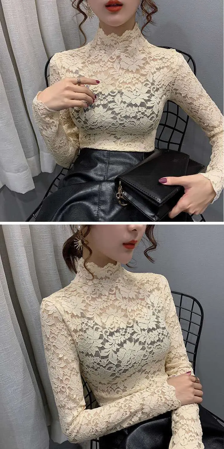 New Fashion Long Sleeve Lace Shirt with Half Turtleneck & Royal Color — feature 5