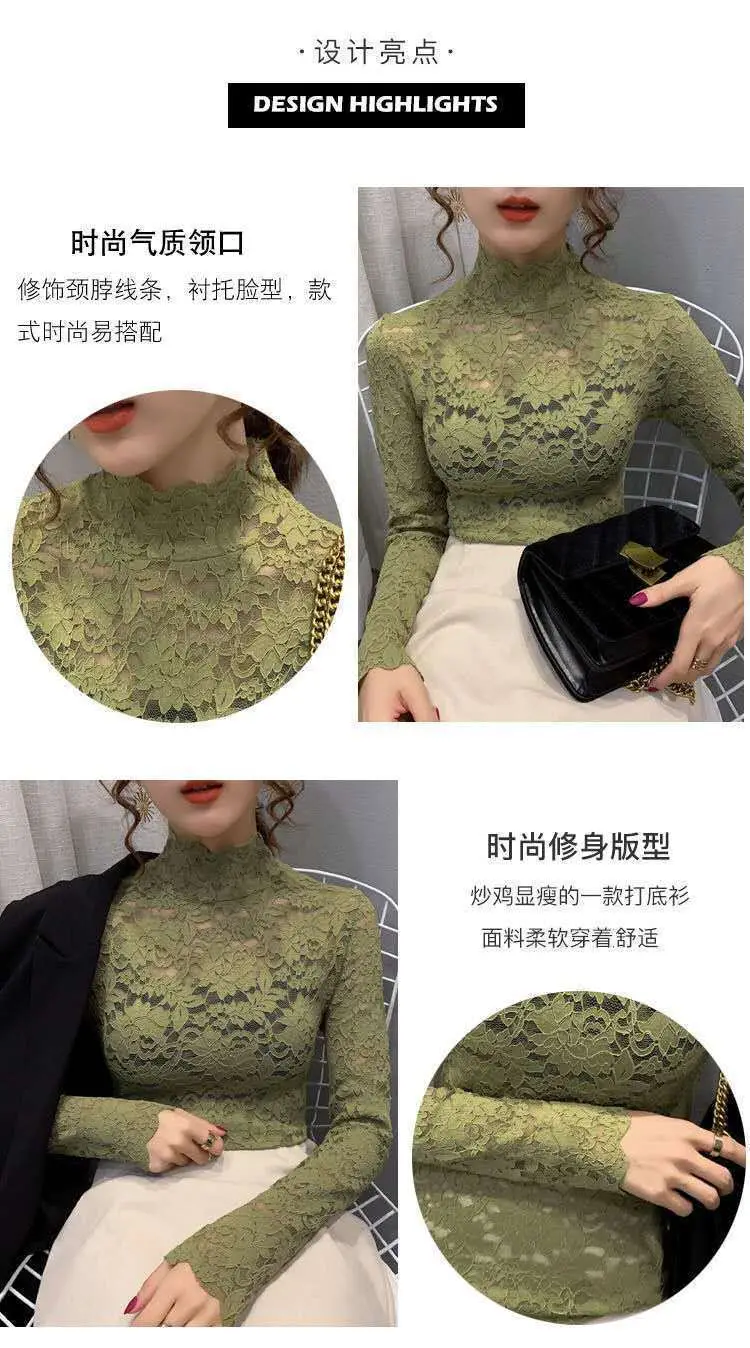 New Fashion Long Sleeve Lace Shirt with Half Turtleneck & Royal Color — feature 8