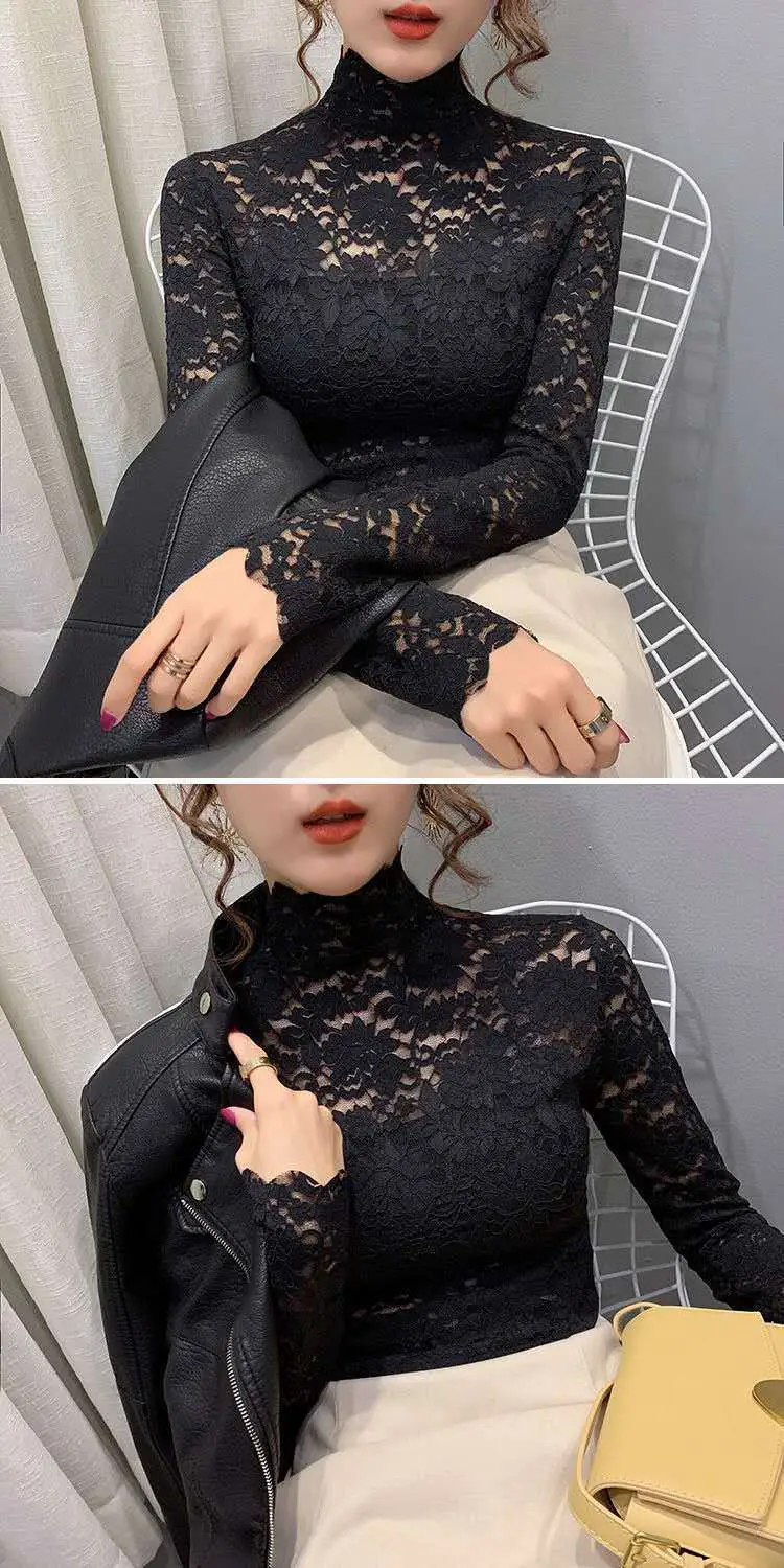 New Fashion Long Sleeve Lace Shirt with Half Turtleneck & Royal Color — feature 9