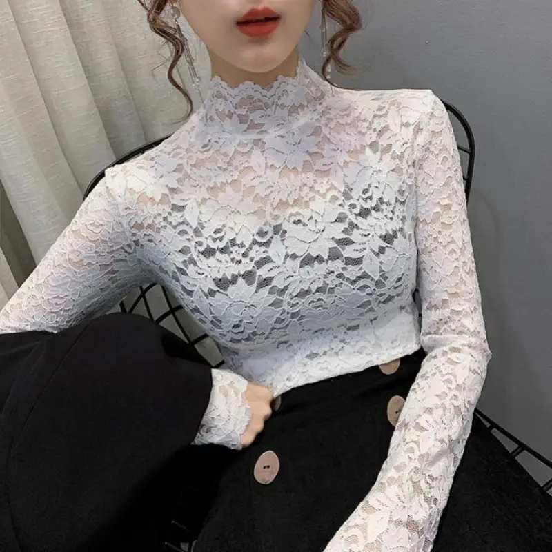 New Fashion Long Sleeve Lace Shirt with Half Turtleneck & Royal Color - Image 2