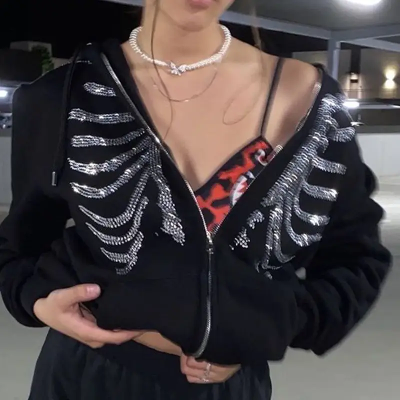 Black Zipper Hoodie Women Spider Bone Sticker Diamond 2022 - Image 4
