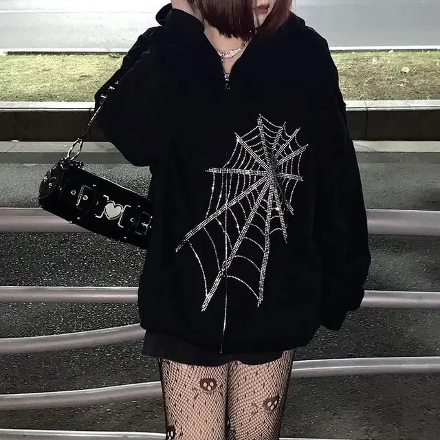 Black Zipper Hoodie Women Spider Bone Sticker Diamond 2022 - Image 5