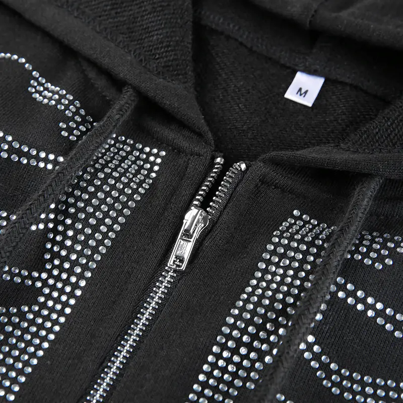 Black Zipper Hoodie Women Spider Bone Sticker Diamond 2022 - Image 7