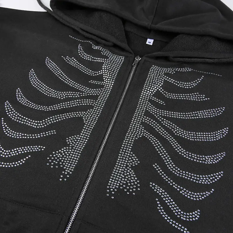 Black Zipper Hoodie Women Spider Bone Sticker Diamond 2022 - Image 8
