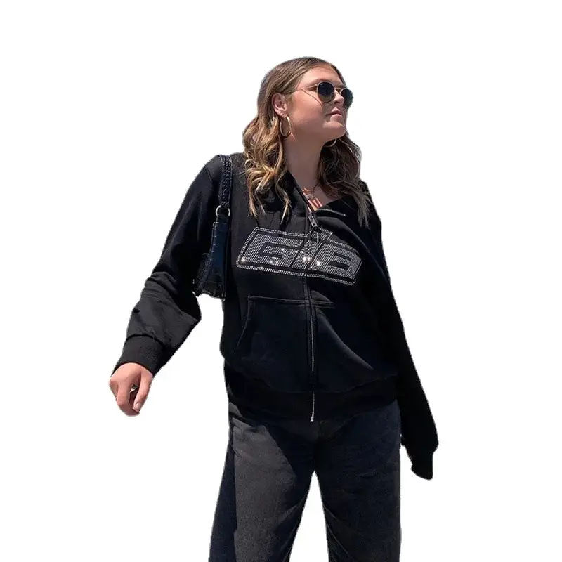 Black Zipper Hoodie Women Spider Bone Sticker Diamond 2022 - Image 9