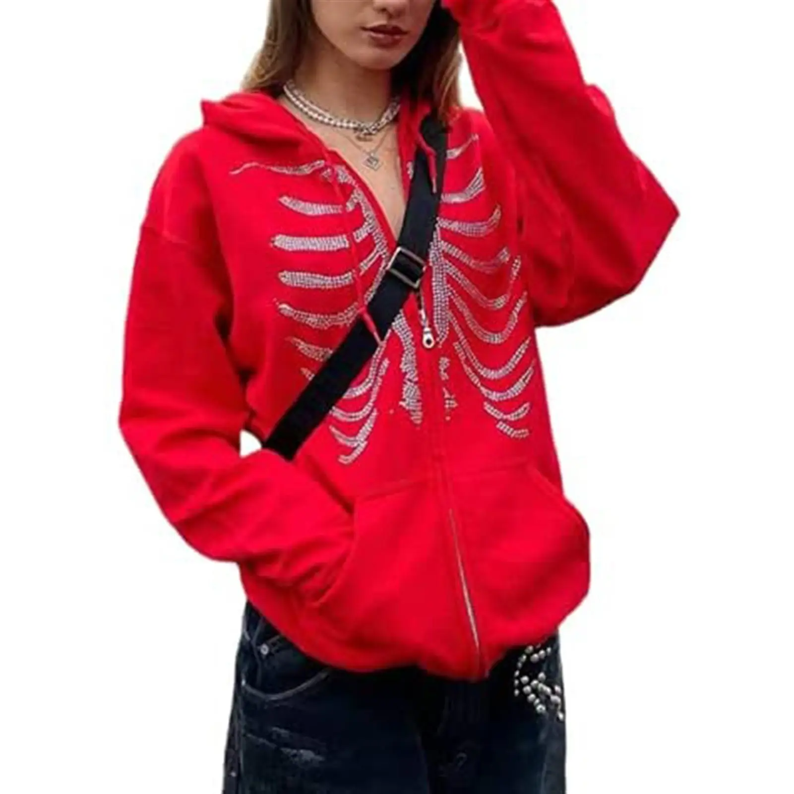 Black Zipper Hoodie Women Spider Bone Sticker Diamond 2022 - Image 6