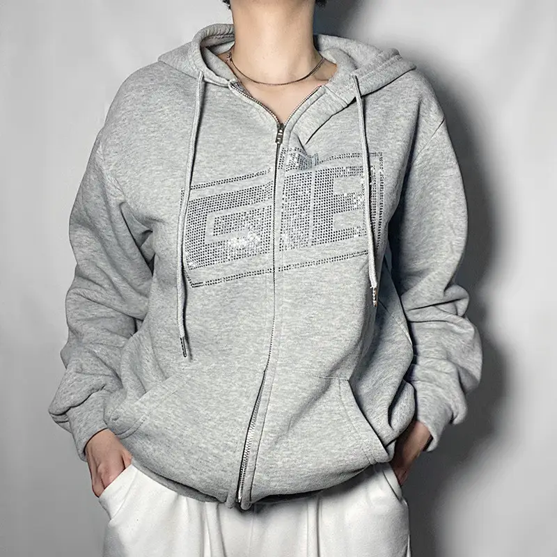 Black Zipper Hoodie Women Spider Bone Sticker Diamond 2022 - Image 2
