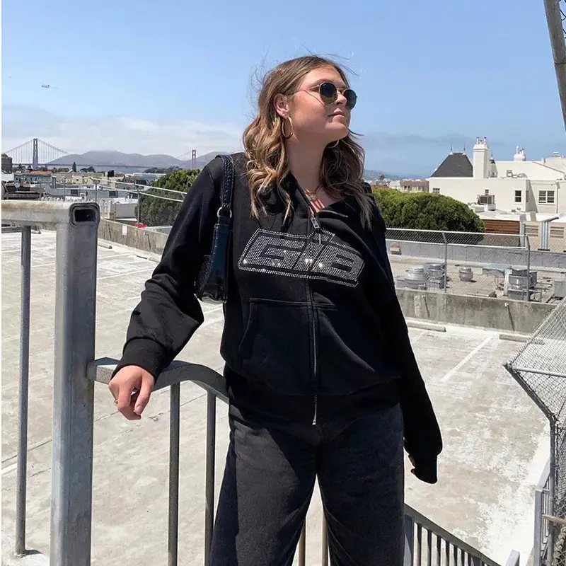 Black Zipper Hoodie Women Spider Bone Sticker Diamond 2022 - Image 3