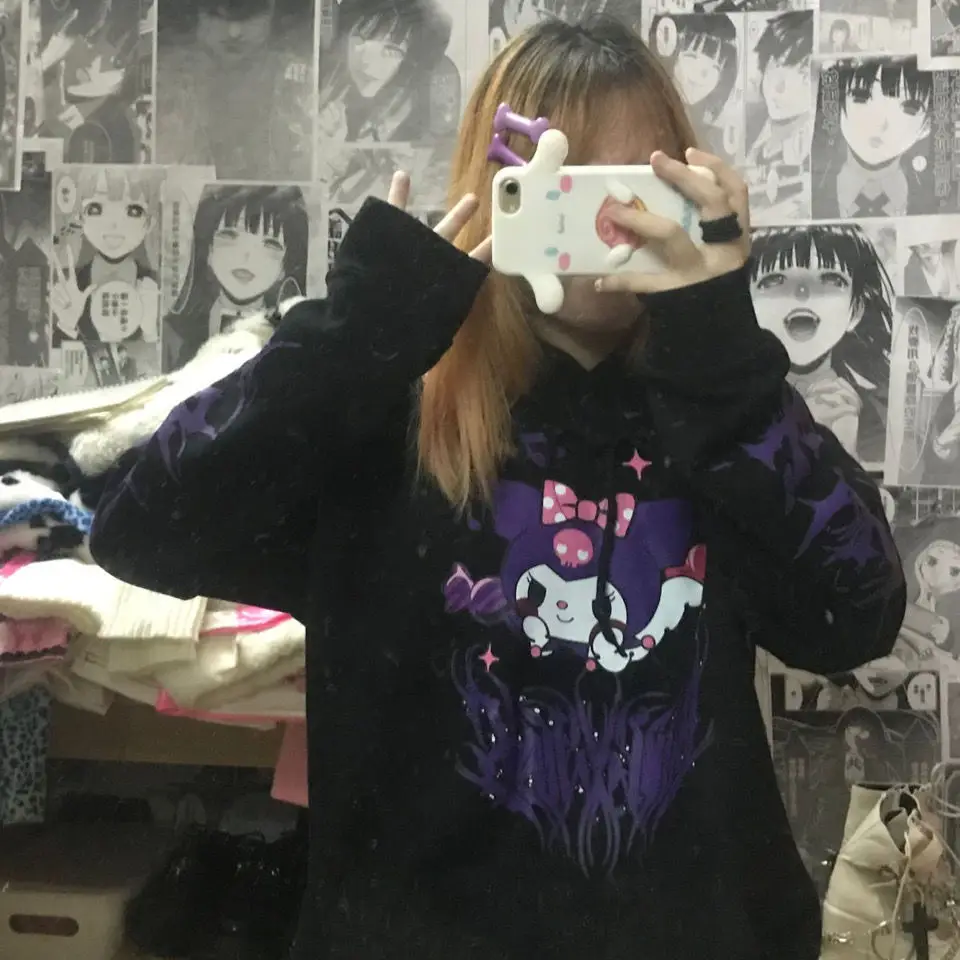 Kuromi Hooded Sweatshirt Black Cartoon Print