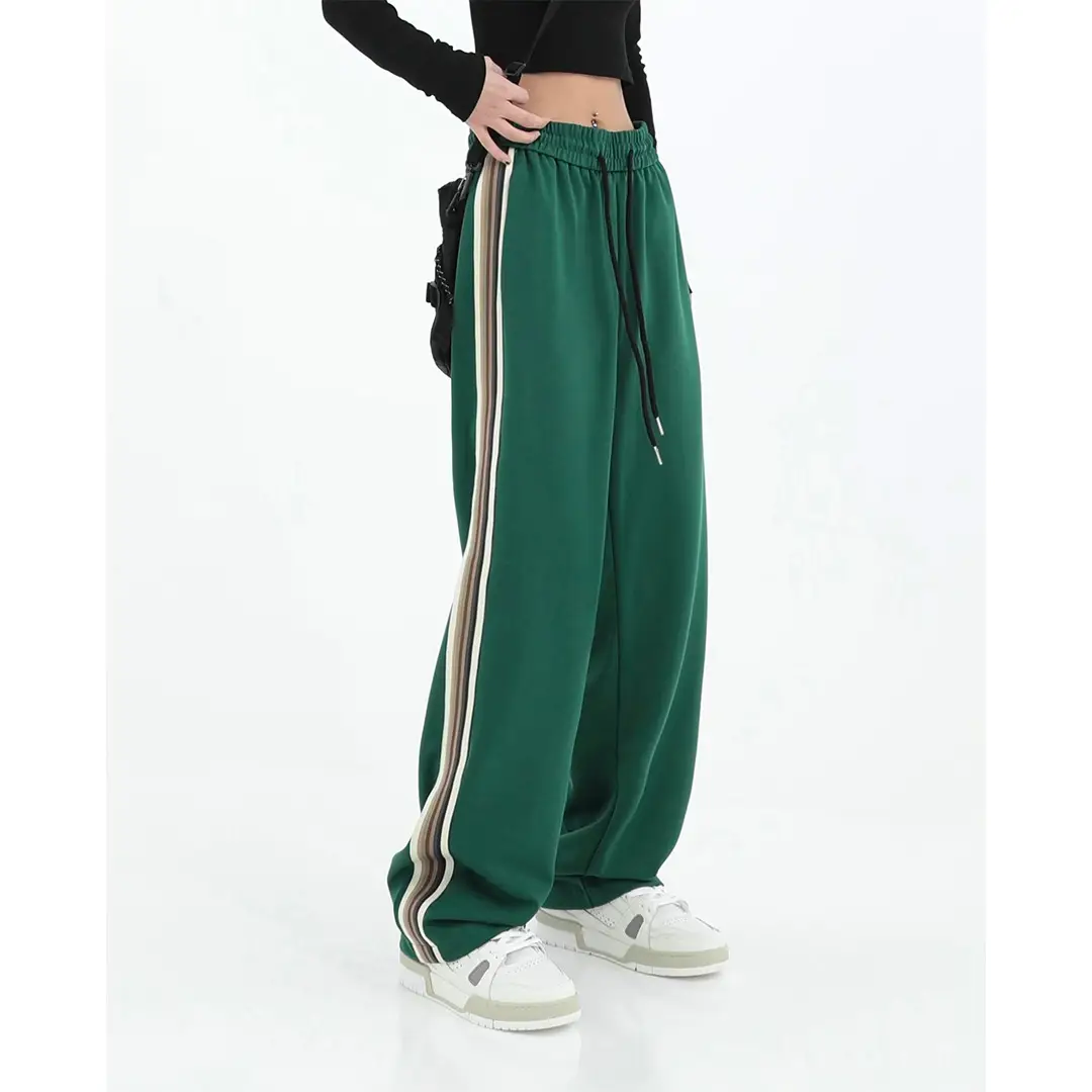 Women Green Wide Leg Street Style Pants with Side Stripes - Image 3