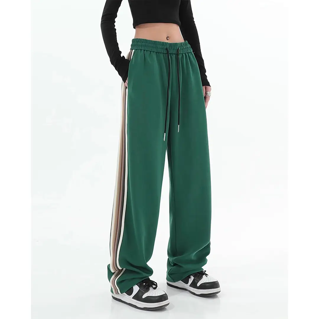 Women Green Wide Leg Street Style Pants with Side Stripes - Image 4