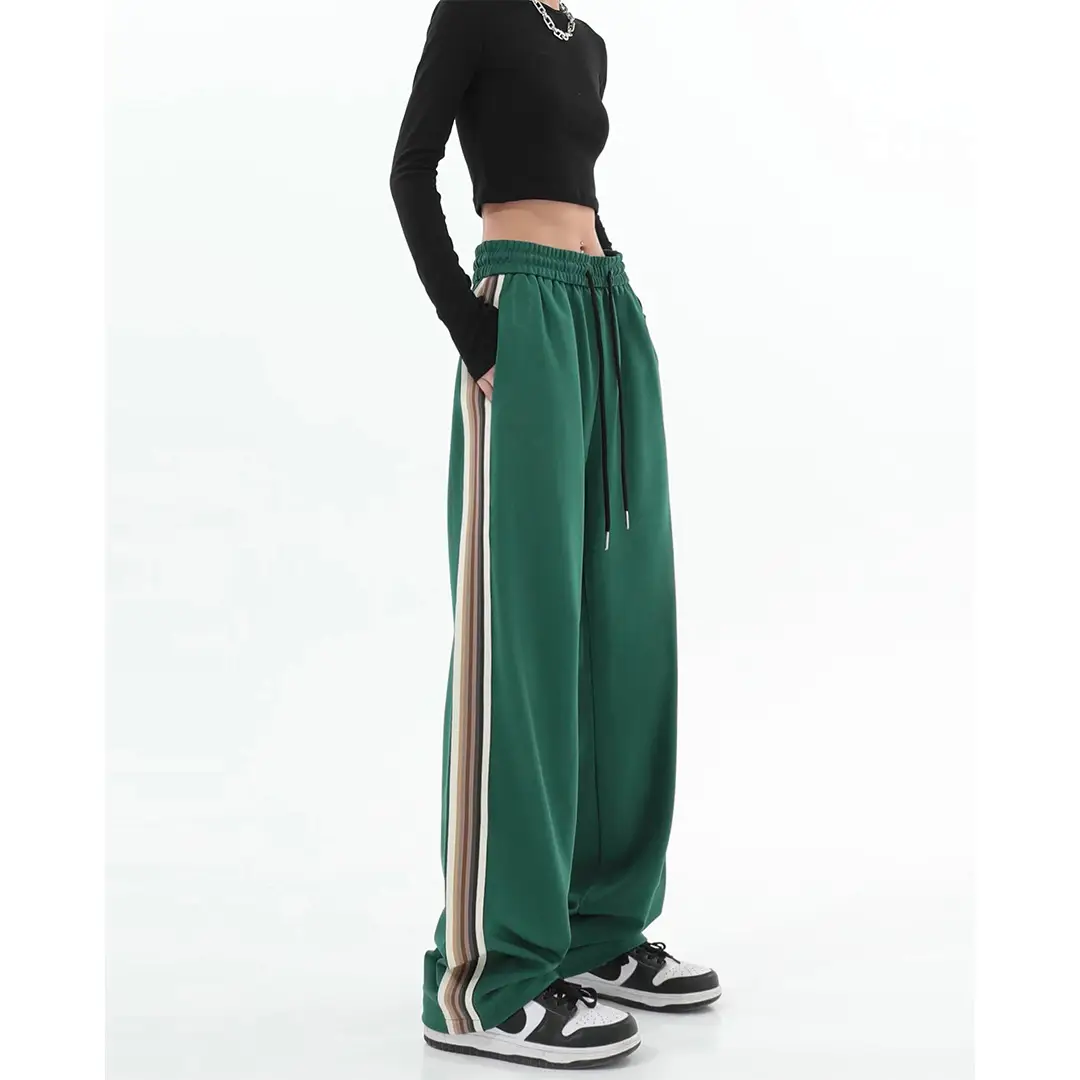 Women Green Wide Leg Street Style Pants with Side Stripes - Image 5