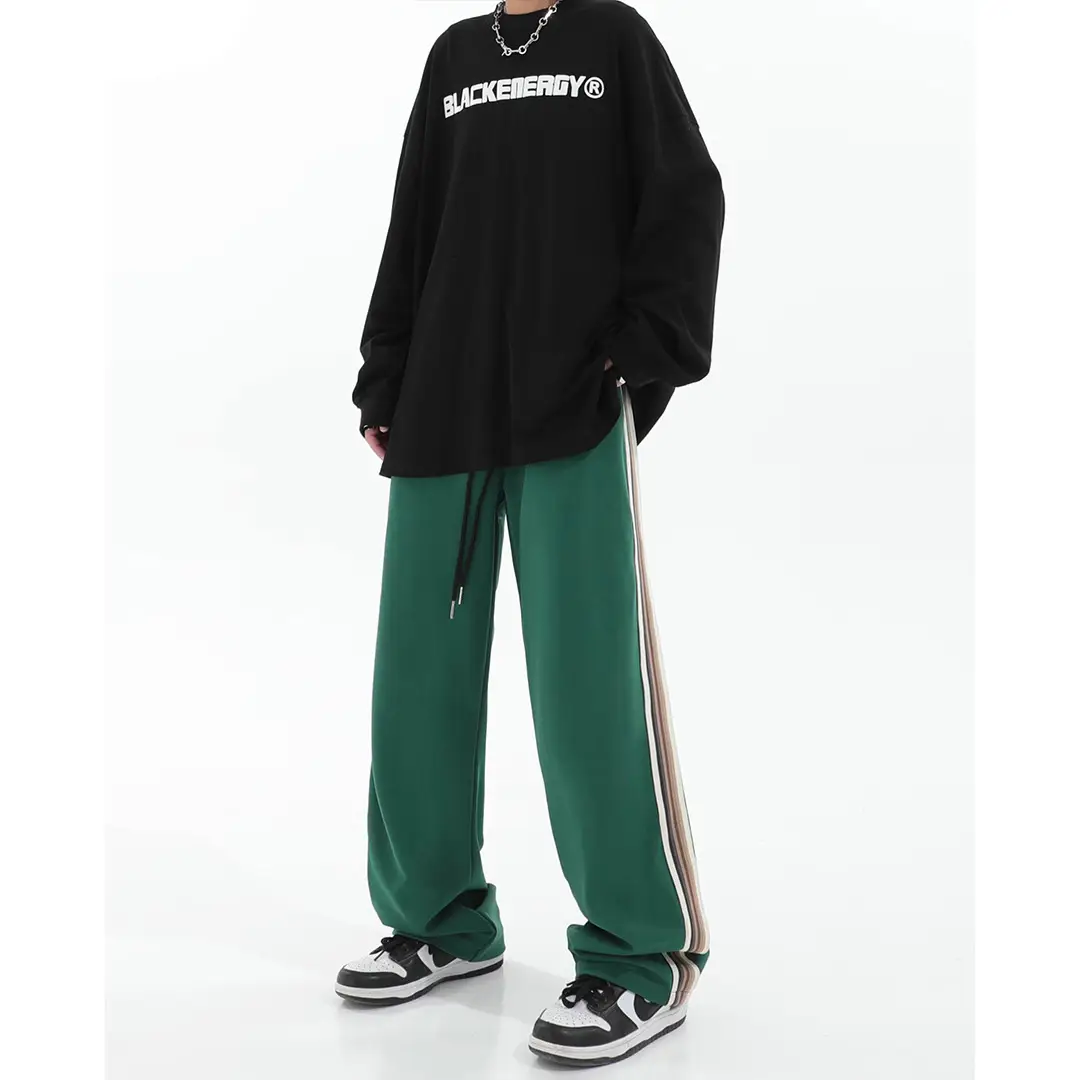 Women Green Wide Leg Street Style Pants with Side Stripes - Image 6