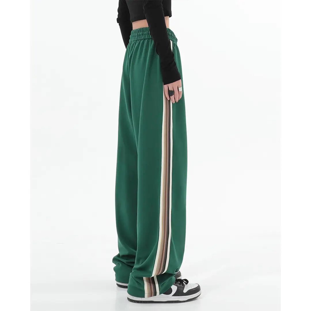 Women Green Wide Leg Street Style Pants with Side Stripes - Image 7