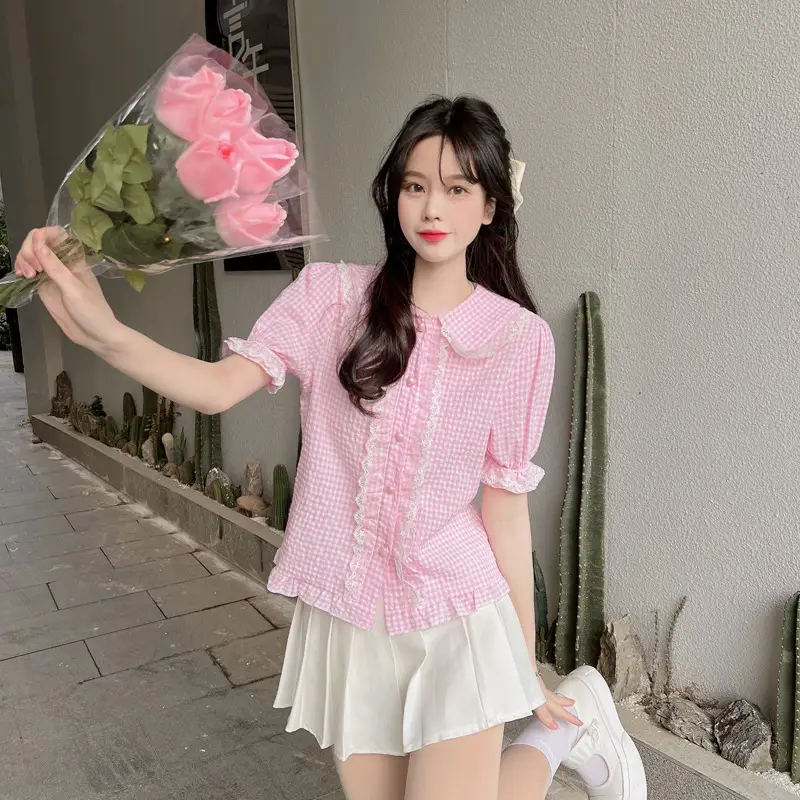 Women Pink Lace Plaid Summer Top with White Shorts