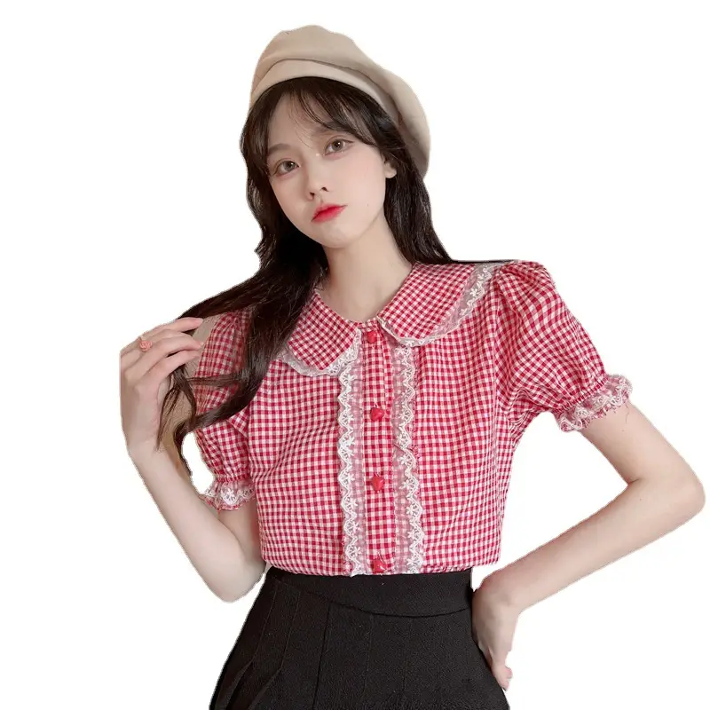 Women Pink Lace Plaid Summer Top with White Shorts