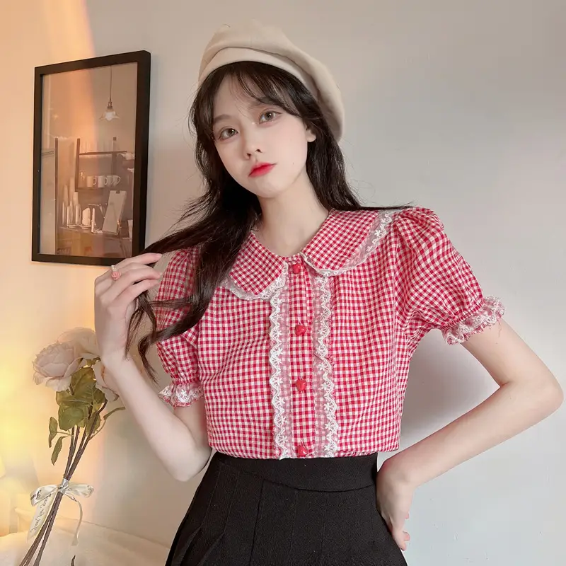 Women Pink Lace Plaid Summer Top with White Shorts