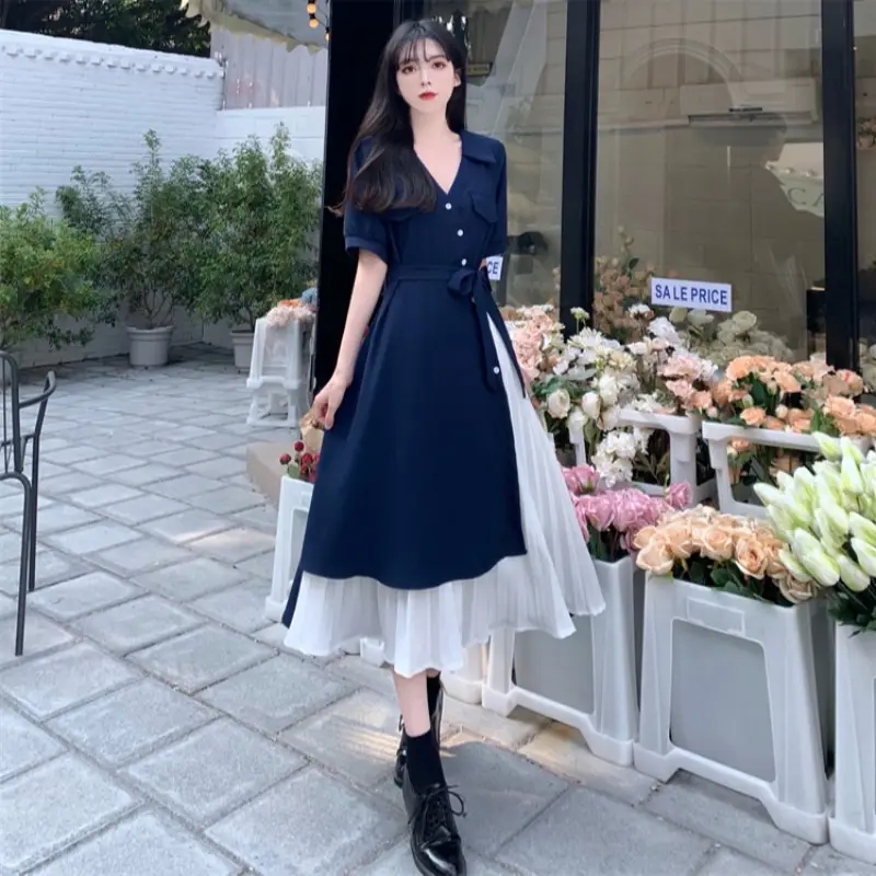 Navy Blue Slimming Skirt Dress for Women Large Size