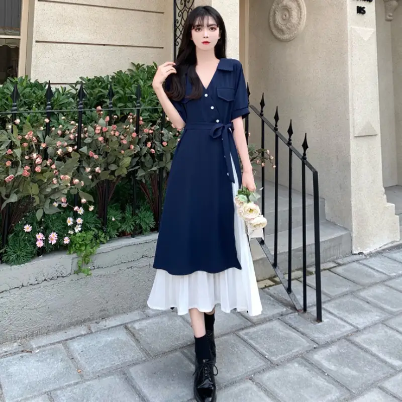 Navy Blue Slimming Skirt Dress for Women Large Size