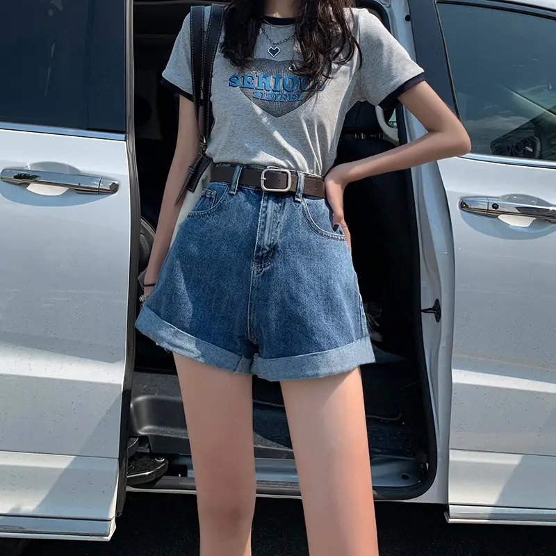 Women Curled Denim Shorts Light Blue 2022 - Image 2
