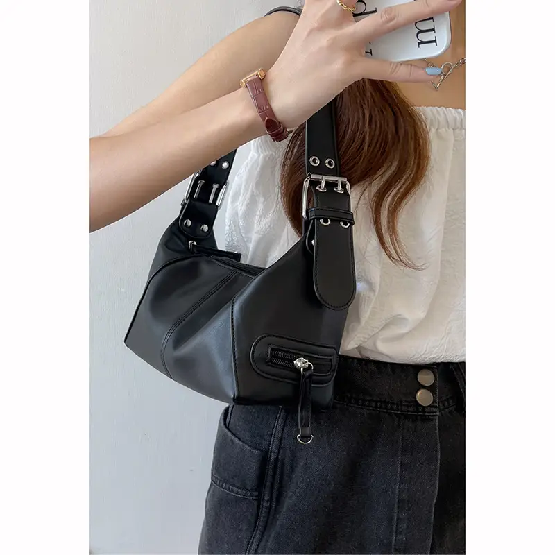 Black Leather Zipper Shoulder Bag for Girls 2026 - Image 5