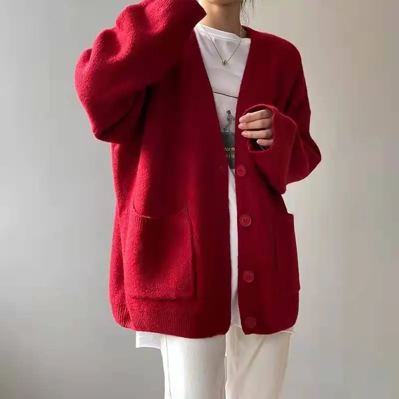2026 V-Neck Lazy Knitted Cardigan Women's Jacket Solid Color