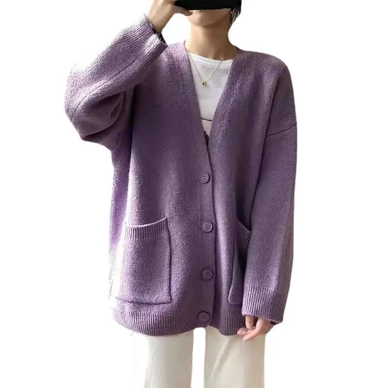 2026 V-Neck Lazy Knitted Cardigan Women's Jacket Solid Color