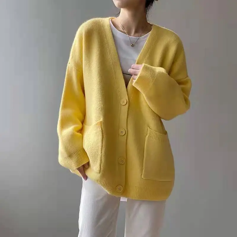 2026 V-Neck Lazy Knitted Cardigan Women's Jacket Solid Color