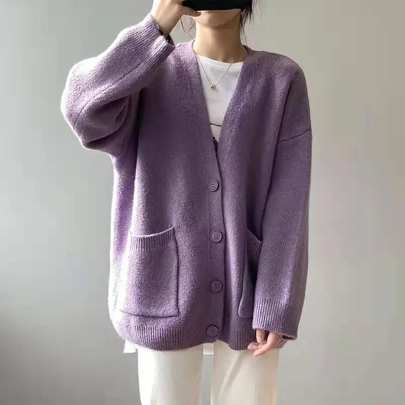 2026 V-Neck Lazy Knitted Cardigan Women's Jacket Solid Color