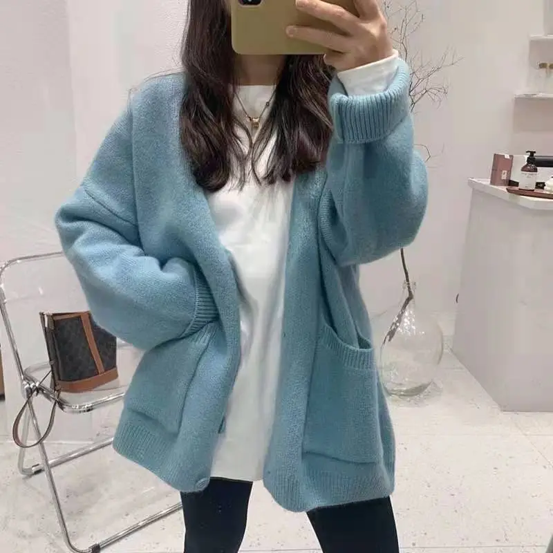 2026 V-Neck Lazy Knitted Cardigan Women's Jacket Solid Color