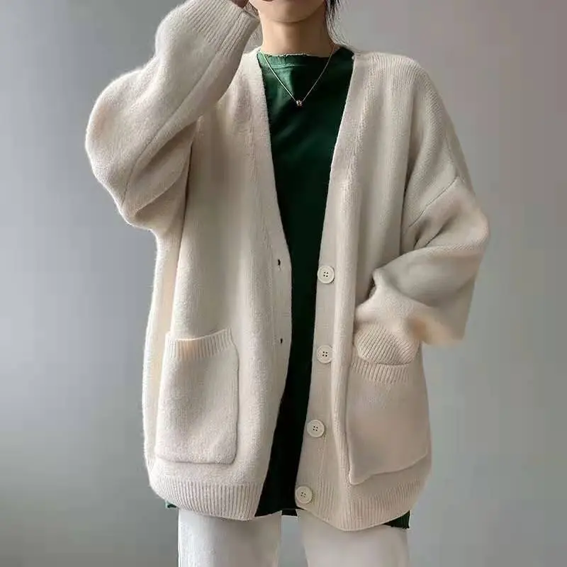 2026 V-Neck Lazy Knitted Cardigan Women's Jacket Solid Color