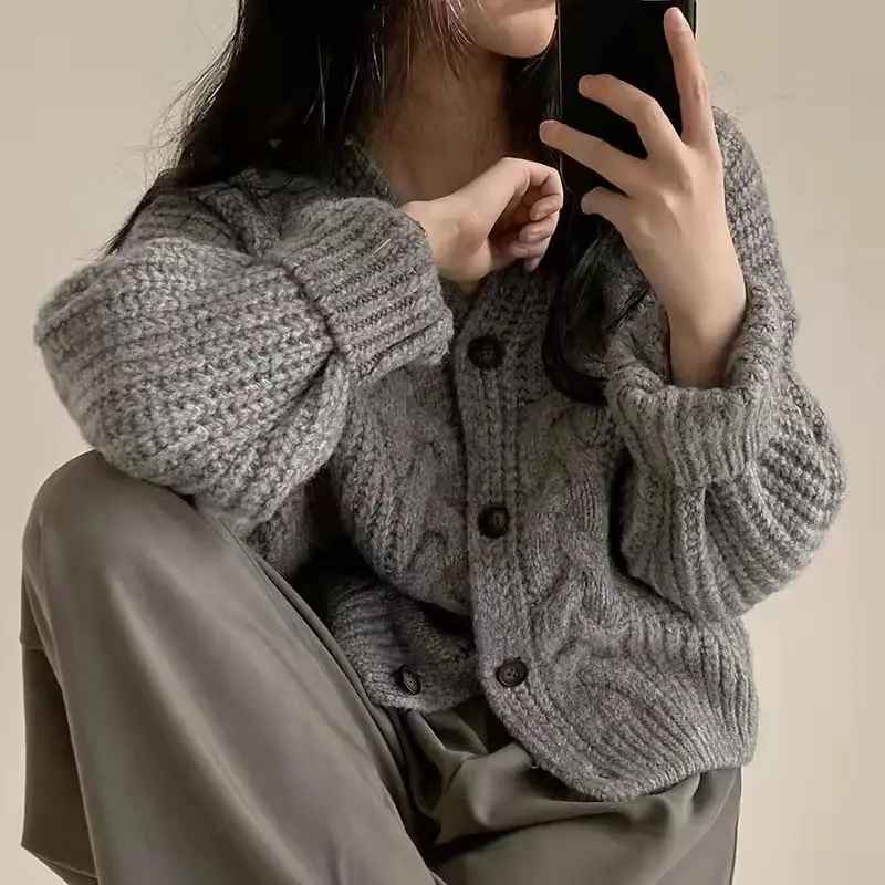 Women Korean Chic Cardigan Coat Cream Loose Fit