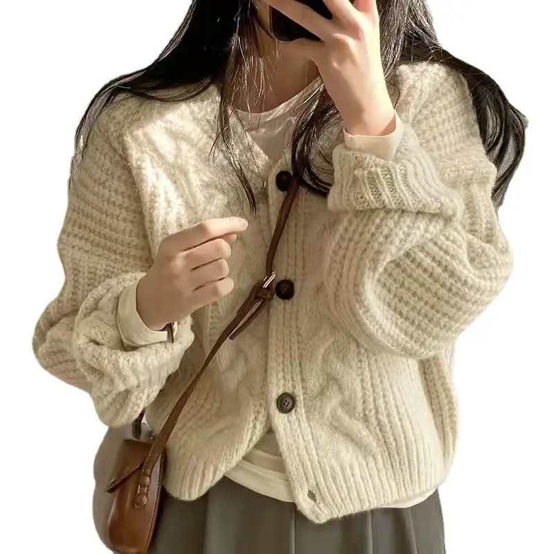 Women Korean Chic Cardigan Coat Cream Loose Fit