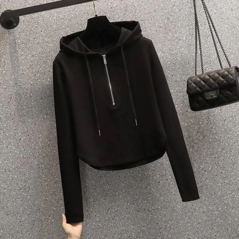 Black Hooded Hoodie Women's Slimming Cotton Spring Summer Wear - Image 5