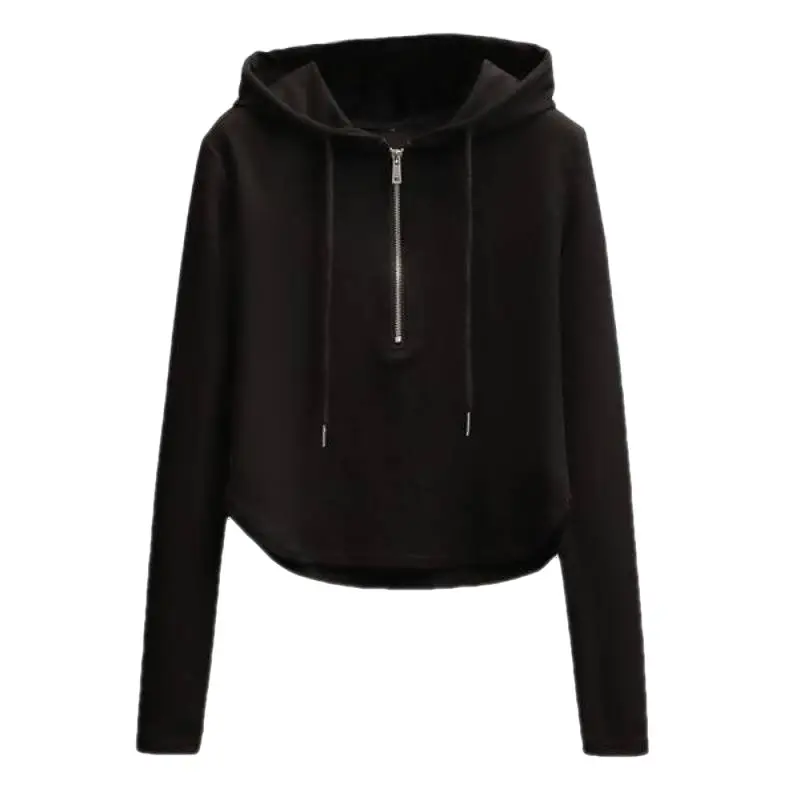 Black Hooded Hoodie Women's Slimming Cotton Spring Summer Wear - Image 8